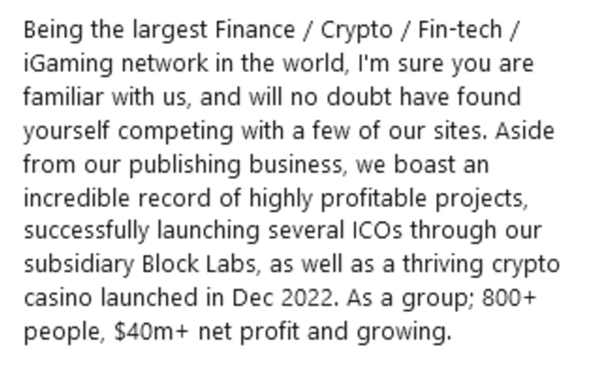 Recruiter note about Finixio Clickoutmedia earning 40 million