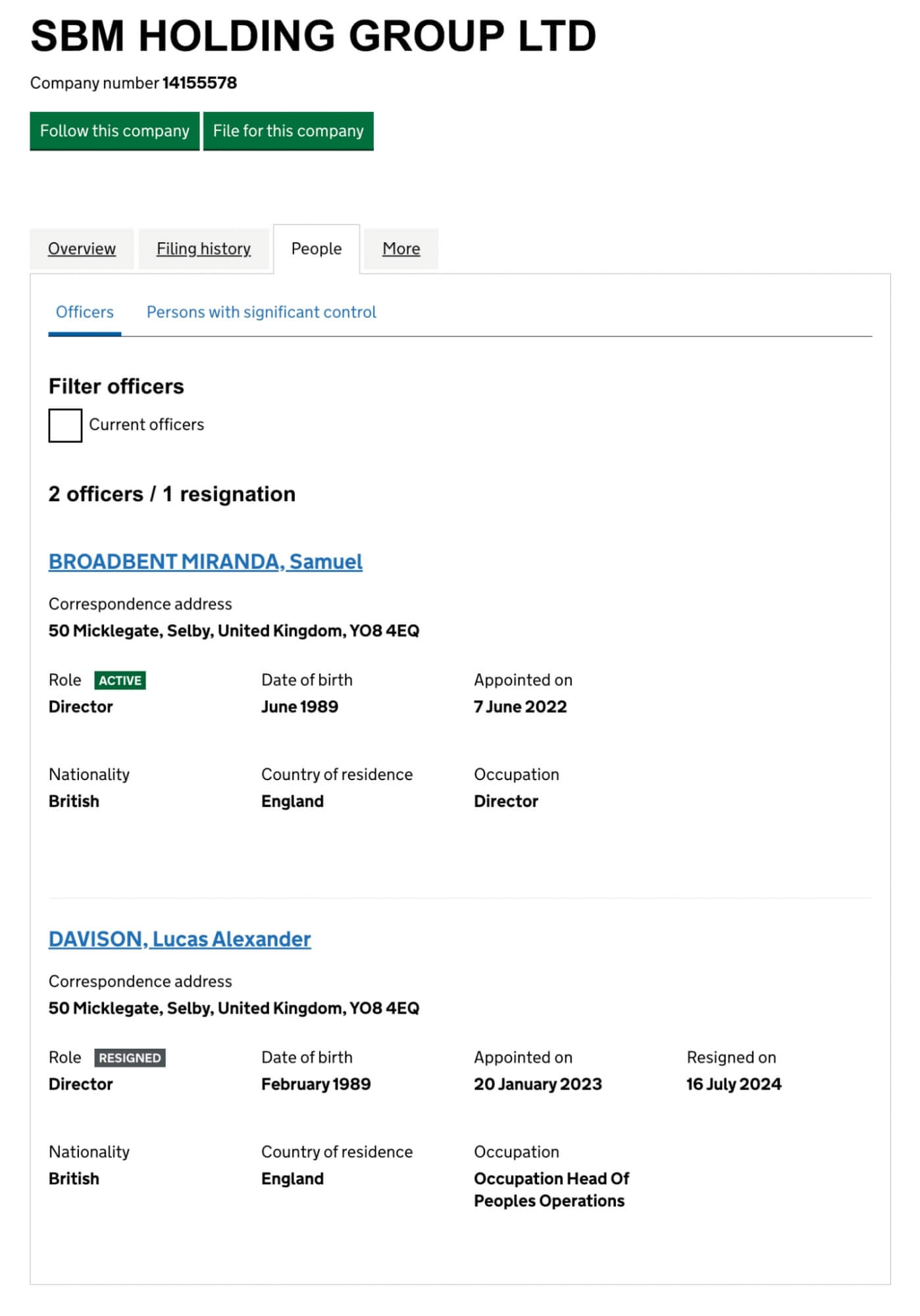 sbm holding group ltd - Samuel Broadbent Miranda