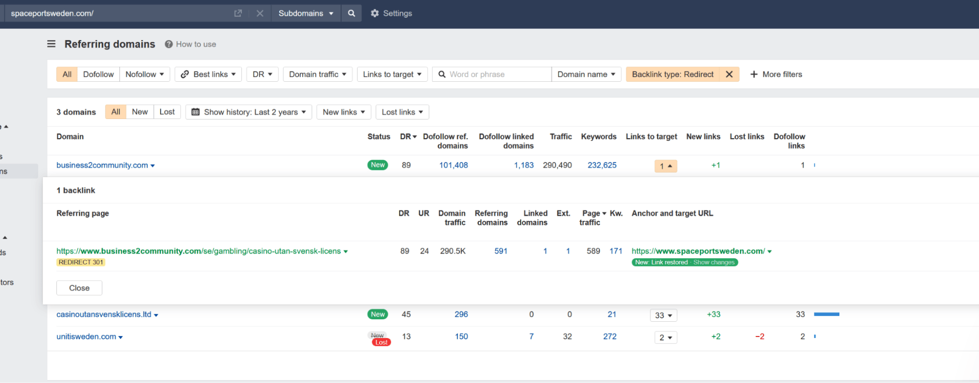 Spaceportswedens redirect domains