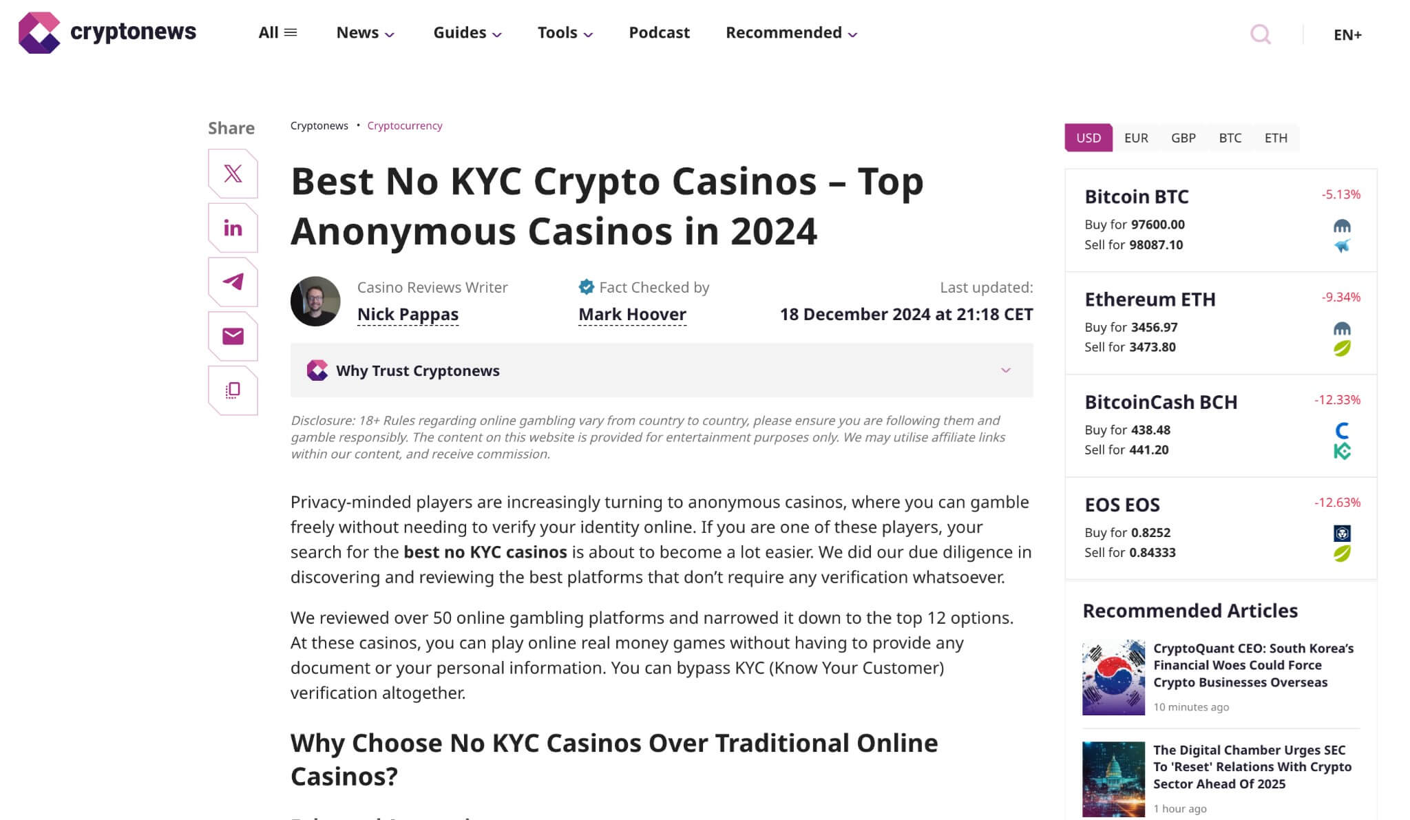 best no kyc casinos page on cryptonews