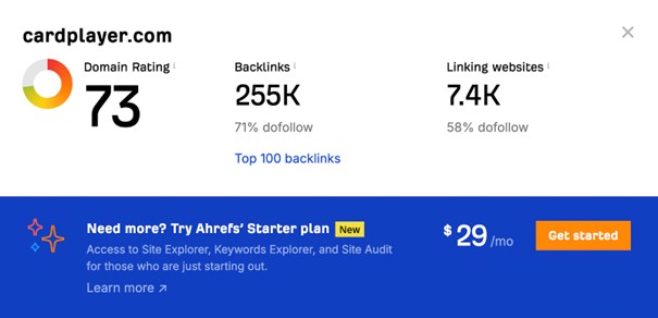 Cardplayer domain rating according to ahrefs