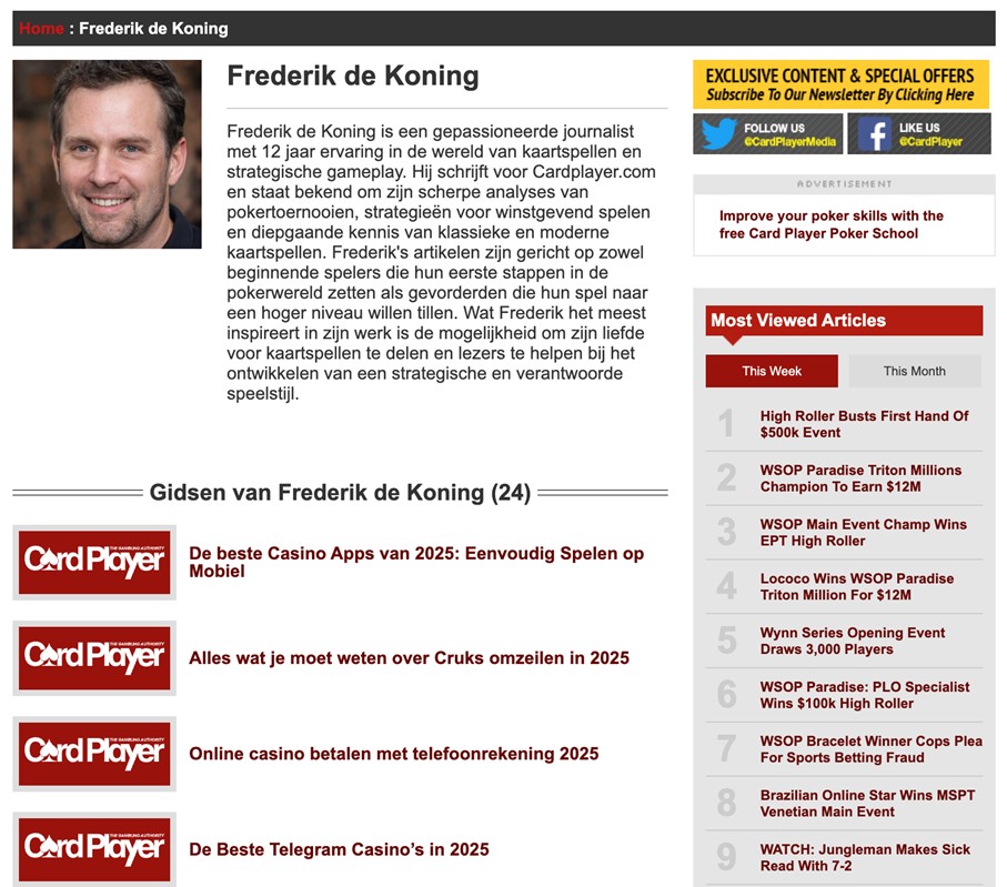 Frederik de koning author Netherlands at Cardplayer.com