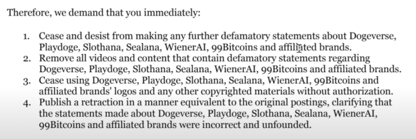 Cease and Desist that Net Crypto received
