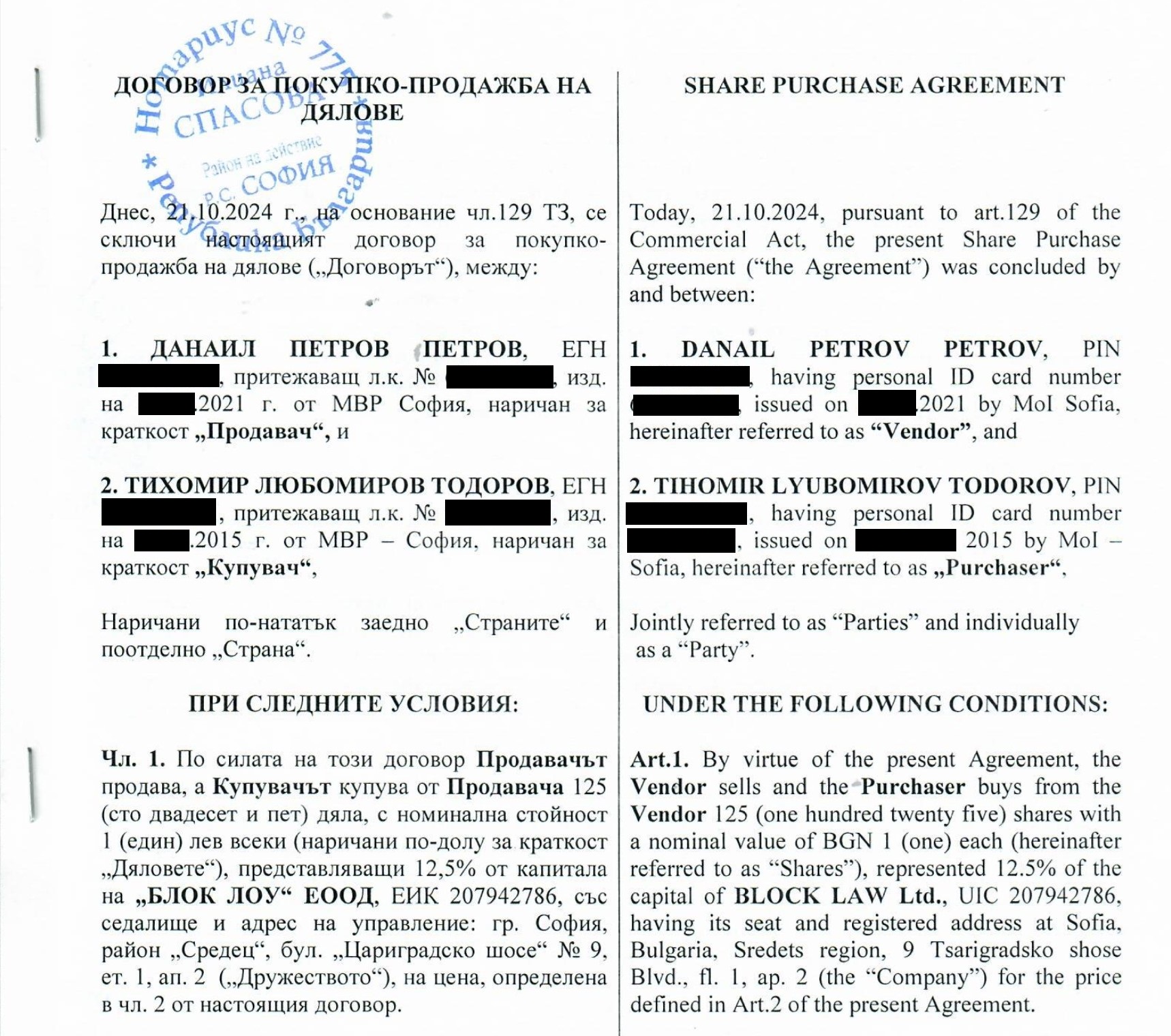 12.5% of block law is owned by Tihomir Lyubomirov Todoro
