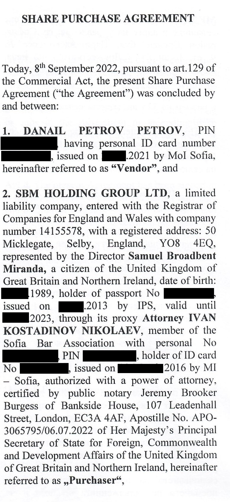 Petrov sold part of the company to SBM Holding Group ltd