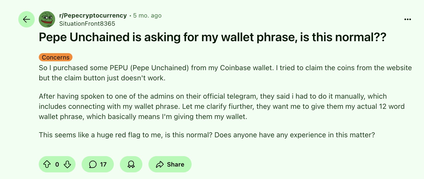 the subreddit for the Pepe Unchained coin, the original poster complains that they’re unable to access their tokens