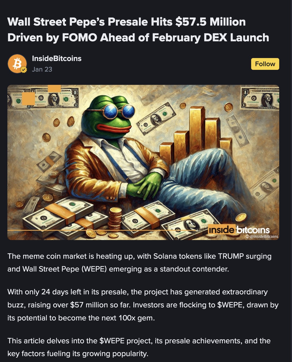 wallstreet pepe presale hits 57,5 million