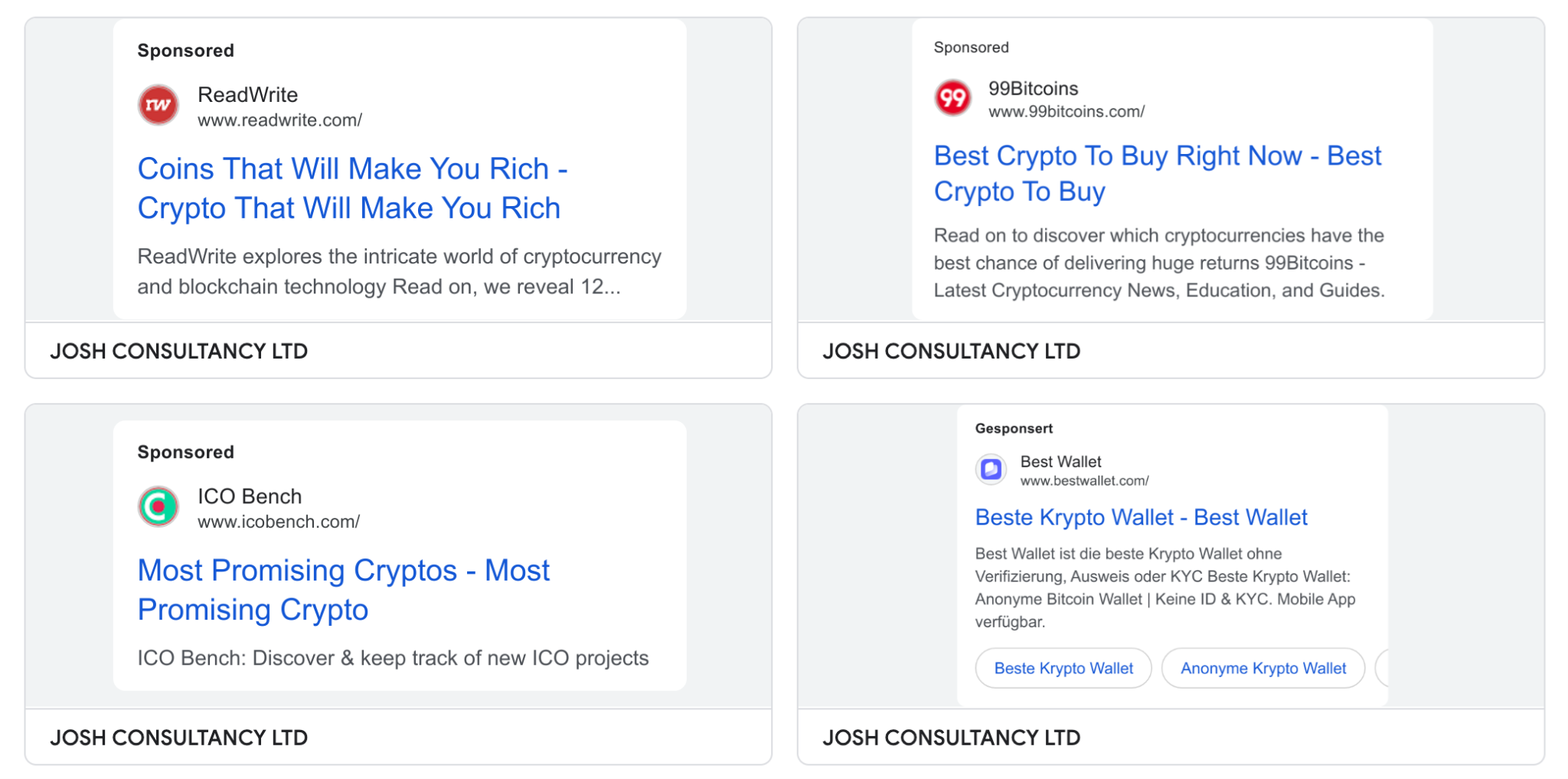 josh consultancy advertising 99bitcoins and icobench on google ads