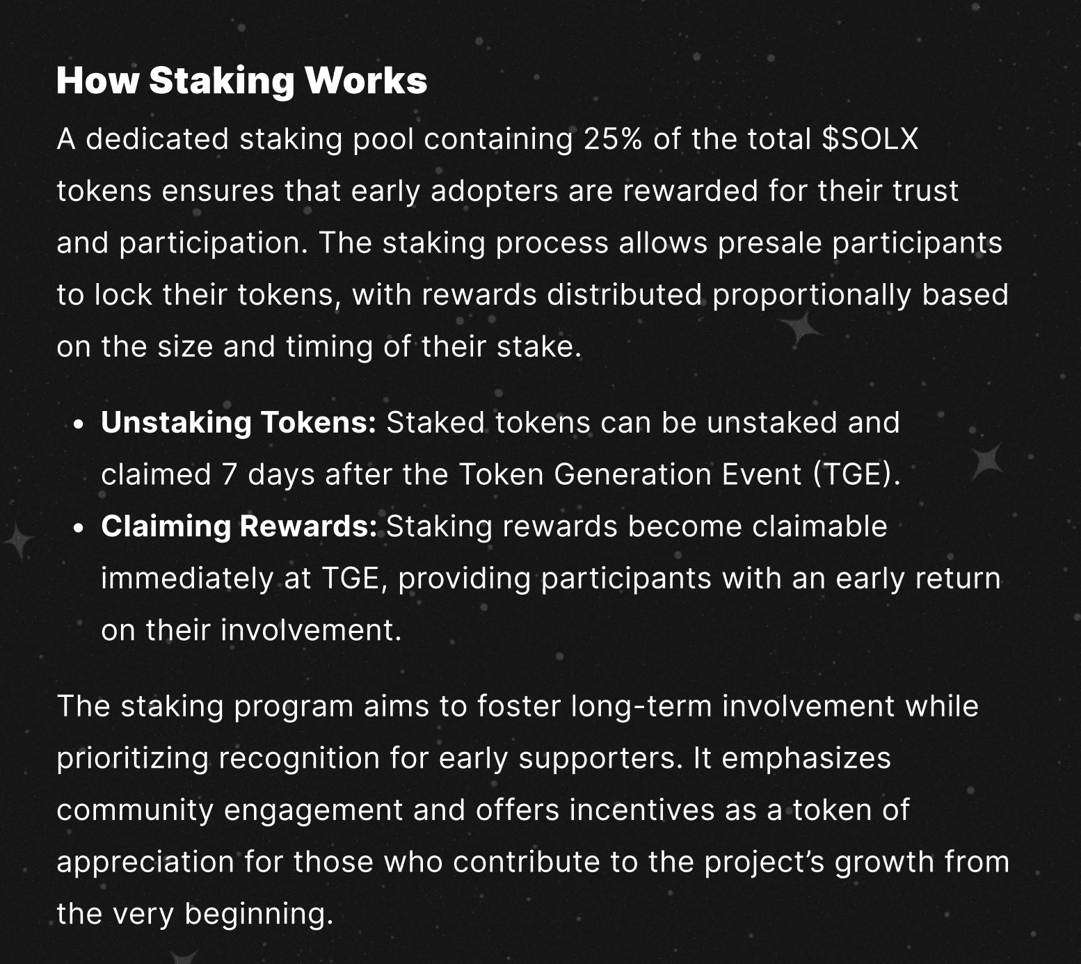 staked tokens won’t be available until seven days after the token launches
